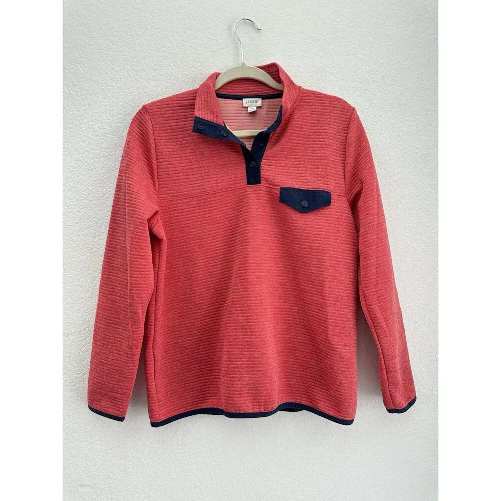 J.Crew Men's S BJ131 Textured Ribbed Snap Neck Fleece Pullover Coral Pink Navy